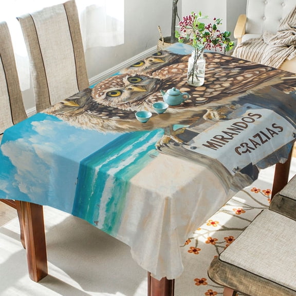 BZSMCE Square Tablecloth Owls Stand Signboard by The Sea Pattern Tableclothes
