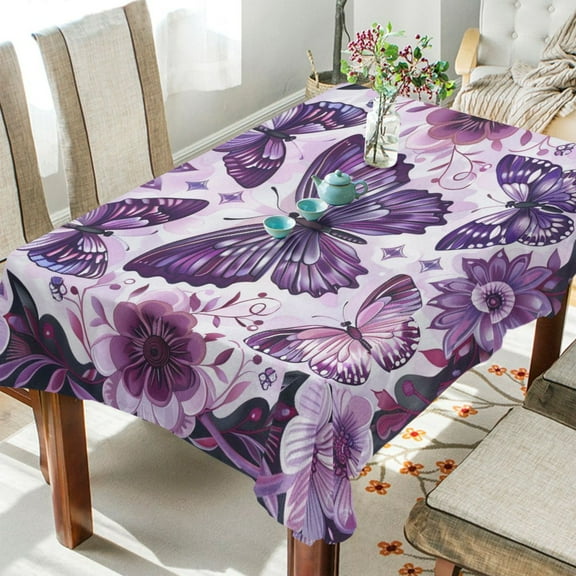 BZSMCE Square Tablecloth Purple Blossoms and Butterflies Pattern Tableclothes