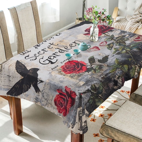 BZSMCE Square Tablecloth Seamle Of Red Roses Plainting Pattern Tableclothes