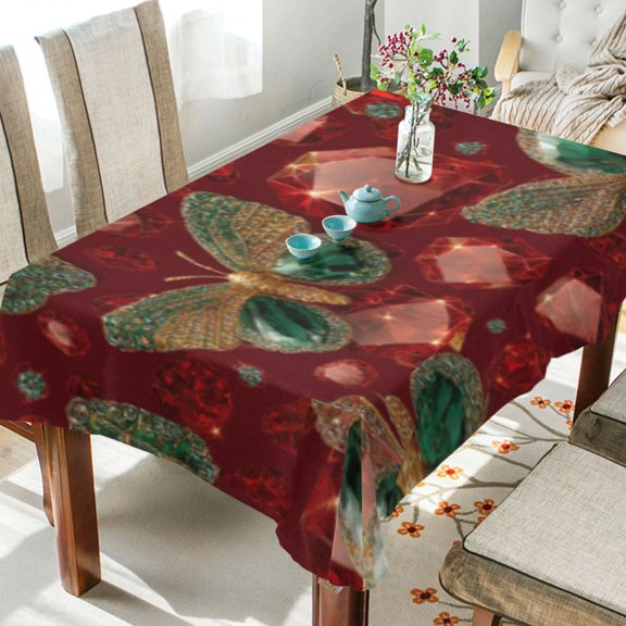 BZSMCE Square Tablecloth Strawberry Leaf Emerald Butterflies on Ruby Pattern Tableclothes