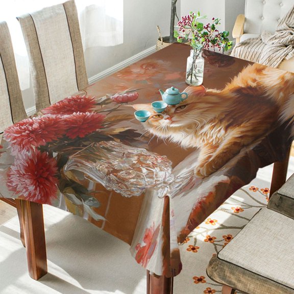 BZSMCE Square Tablecloth Sunkissed Feline and Blossoms Pattern Tableclothes