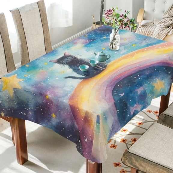 BZSMCE Square Tablecloth Whimsical Cat on A Rainbow Pattern Tableclothes