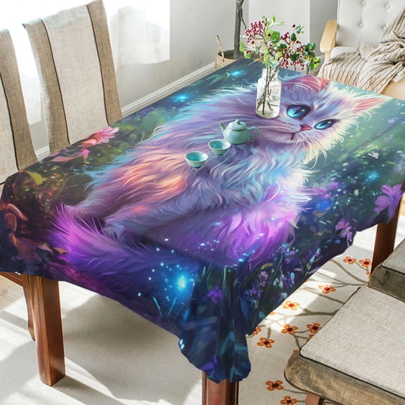 BZSMCE Square Tablecloth White Cat with Flowers Pattern Tableclothes