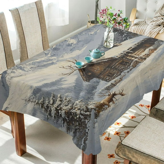 BZSMCE Square Tablecloth Wooden Cabin Covered in Snow Pattern Tableclothes