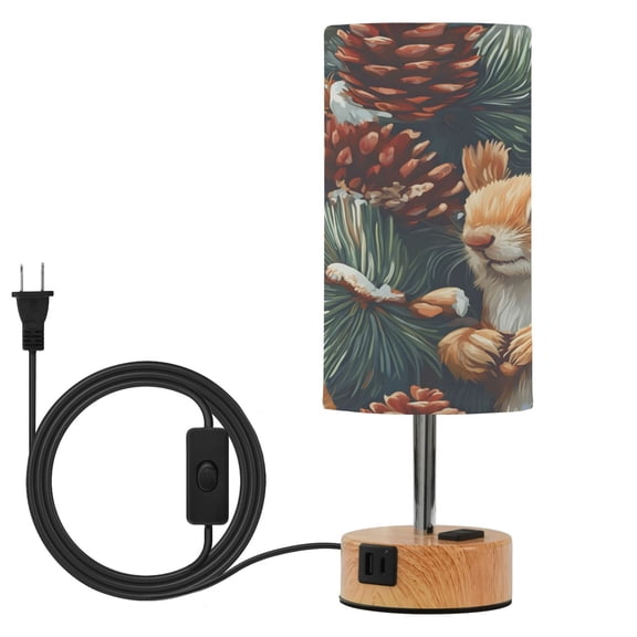 BZSMCE Squirrel Pine Cone Snow Pattern Printed 3 Color Touch Control Table Lamp Linen Shade LED Nightstand Lamp with Wood Grain BaseUS Standard Power Cord