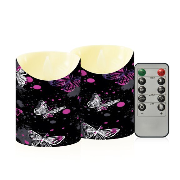 BZSMCE Stained Glass Black Powder Ash Butterfly Camouflage Wind Flameless LED Candles 2 Pack Remote Controlled Dimmable Flicker Lights with Timer for Home Decor