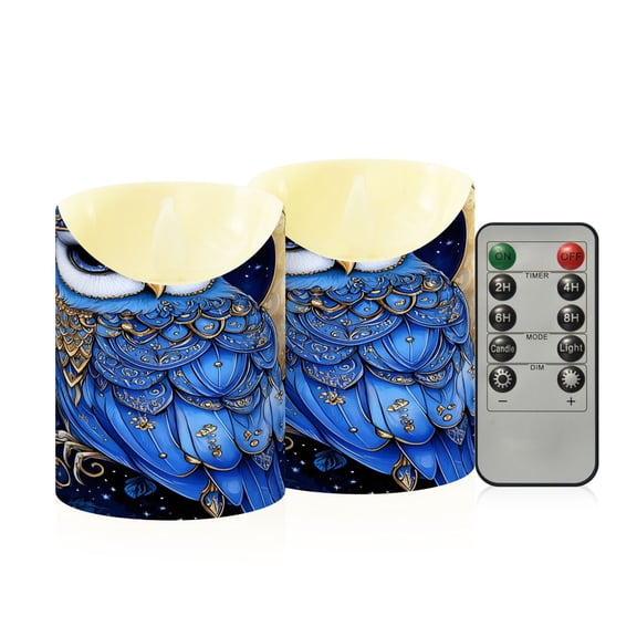 BZSMCE Stained Glass Blue Owl Flameless LED Candles 2 Pack Remote Controlled Dimmable Flicker Lights with Timer for Home Decor