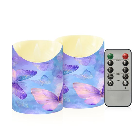 BZSMCE Stained Glass Butterfly Fantasy Background Pattern Flameless LED Candles 2 Pack Remote Controlled Dimmable Flicker Lights with Timer for Home Decor