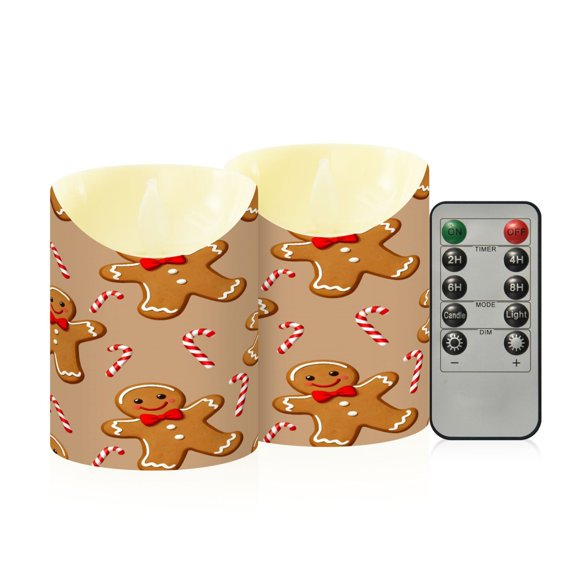 BZSMCE Stained Glass Candy Cane Gingerbread Man Pattern Flameless LED Candles 2 Pack Remote Controlled Dimmable Flicker Lights with Timer for Home Decor