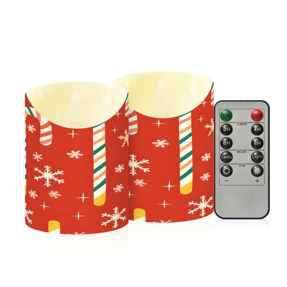 BZSMCE Stained Glass Candy Stick White Snowflake Crimson Background Pattern Flameless LED Candles 2 Pack Remote Controlled Dimmable Flicker Lights with Timer for Home Decor