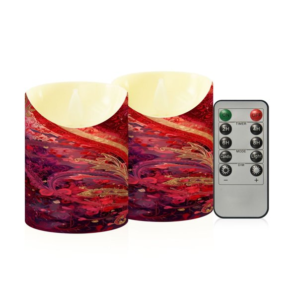 BZSMCE Stained Glass Crimson Heart Flourish Flameless LED Candles 2 Pack Remote Controlled Dimmable Flicker Lights with Timer for Home Decor