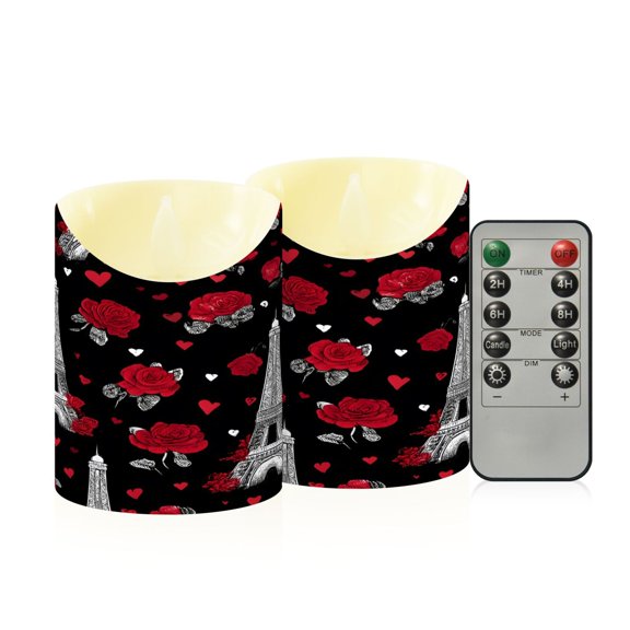 BZSMCE Stained Glass Eiffel Tower Rose Pattern Flameless LED Candles 2 Pack Remote Controlled Dimmable Flicker Lights with Timer for Home Decor