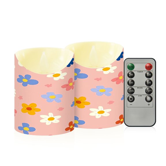 BZSMCE Stained Glass Flowers Pink Background Pattern Flameless LED Candles 2 Pack Remote Controlled Dimmable Flicker Lights with Timer for Home Decor
