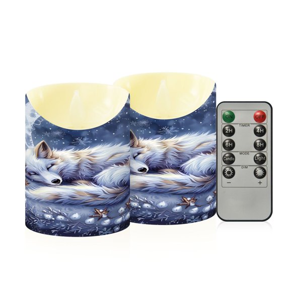 BZSMCE Stained Glass Fox Crescent Moon Snowflake Flameless LED Candles 2 Pack Remote Controlled Dimmable Flicker Lights with Timer for Home Decor