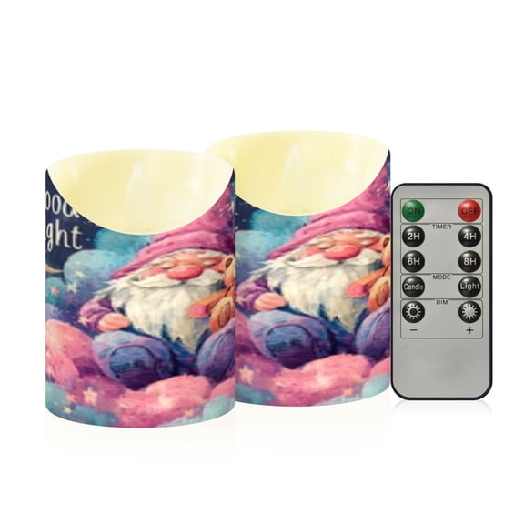 BZSMCE Stained Glass Gnome Little Bear Moon Goodnight Flameless LED Candles 2 Pack Remote Controlled Dimmable Flicker Lights with Timer for Home Decor