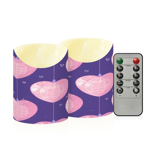 BZSMCE Stained Glass Heart Purple Background Flameless LED Candles 2 Pack Remote Controlled Dimmable Flicker Lights with Timer for Home Decor