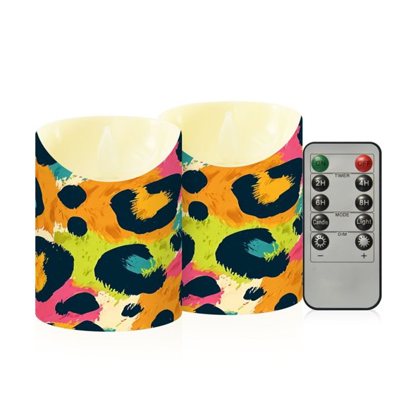 BZSMCE Stained Glass Leopard Print Pattern Flameless LED Candles 2 Pack Remote Controlled Dimmable Flicker Lights with Timer for Home Decor