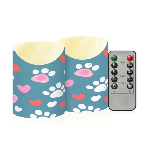 BZSMCE Stained Glass Love Footprint Pattern Flameless LED Candles 2 Pack Remote Controlled Dimmable Flicker Lights with Timer for Home Decor