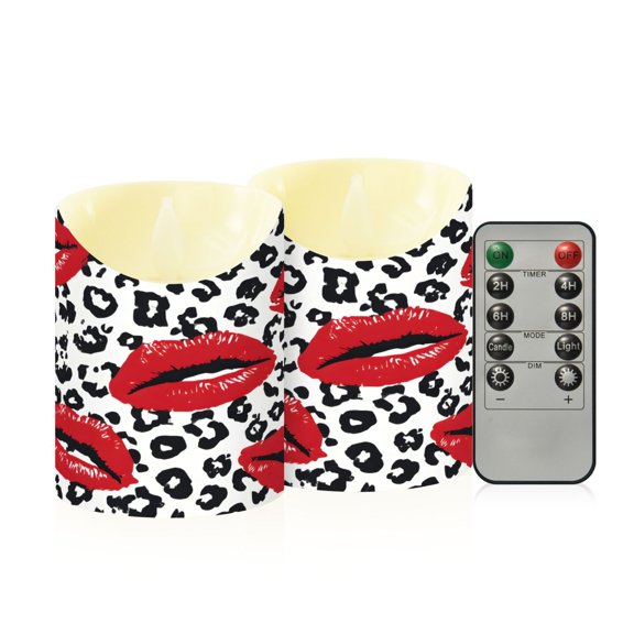 BZSMCE Stained Glass Message Red Lips Flameless LED Candles 2 Pack Remote Controlled Dimmable Flicker Lights with Timer for Home Decor