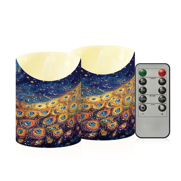 BZSMCE Stained Glass Peacock Gold Flameless LED Candles 2 Pack Remote Controlled Dimmable Flicker Lights with Timer for Home Decor