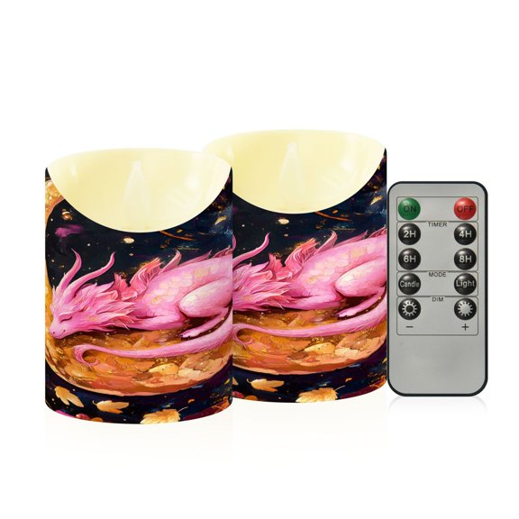 BZSMCE Stained Glass Pink Dragon Sleeping Flameless LED Candles 2 Pack Remote Controlled Dimmable Flicker Lights with Timer for Home Decor