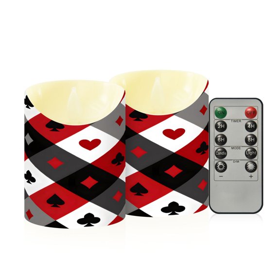 BZSMCE Stained Glass Playing Card Suits and Diamonds Pattern Flameless LED Candles 2 Pack Remote Controlled Dimmable Flicker Lights with Timer for Home Decor