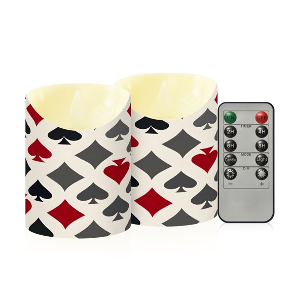 BZSMCE Stained Glass Playing Card Suits in Red Black Pattern Flameless LED Candles 2 Pack Remote Controlled Dimmable Flicker Lights with Timer for Home Decor