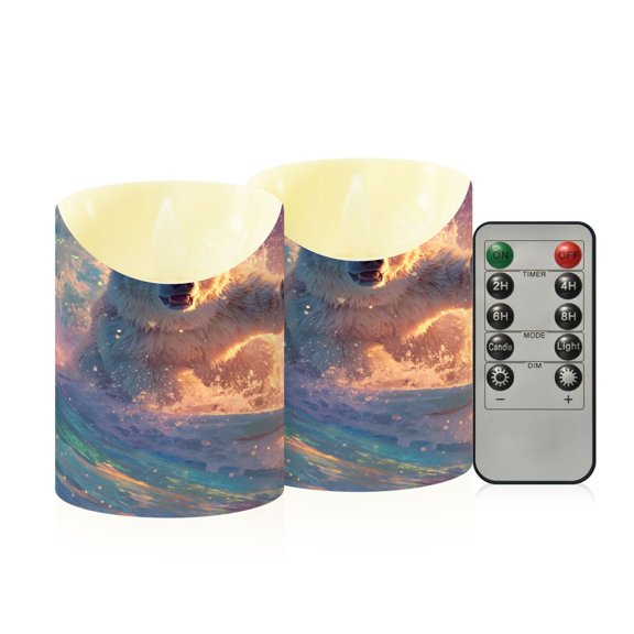 BZSMCE Stained Glass Polar Bears Surf Polar Light Waves on Ice Plates Flameless LED Candles 2 Pack Remote Controlled Dimmable Flicker Lights with Timer for Home Decor