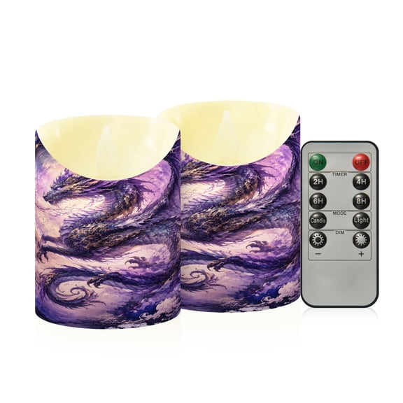 BZSMCE Stained Glass Purple Dragon Flameless LED Candles 2 Pack Remote Controlled Dimmable Flicker Lights with Timer for Home Decor