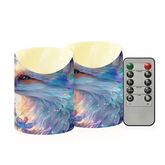 BZSMCE Stained Glass Purple Fantasy Fox Flameless LED Candles 2 Pack Remote Controlled Dimmable Flicker Lights with Timer for Home Decor