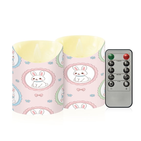 BZSMCE Stained Glass Rabbit Bow Tie Pattern Pattern Flameless LED Candles 2 Pack Remote Controlled Dimmable Flicker Lights with Timer for Home Decor