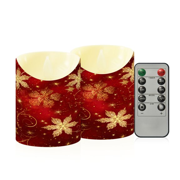 BZSMCE Stained Glass Red Background with Golden Snowflake Pattern Flameless LED Candles 2 Pack Remote Controlled Dimmable Flicker Lights with Timer for Home Decor
