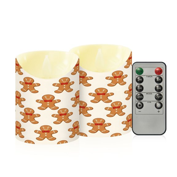 BZSMCE Stained Glass Seamless Gingerbread Man Pattern Flameless LED Candles 2 Pack Remote Controlled Dimmable Flicker Lights with Timer for Home Decor