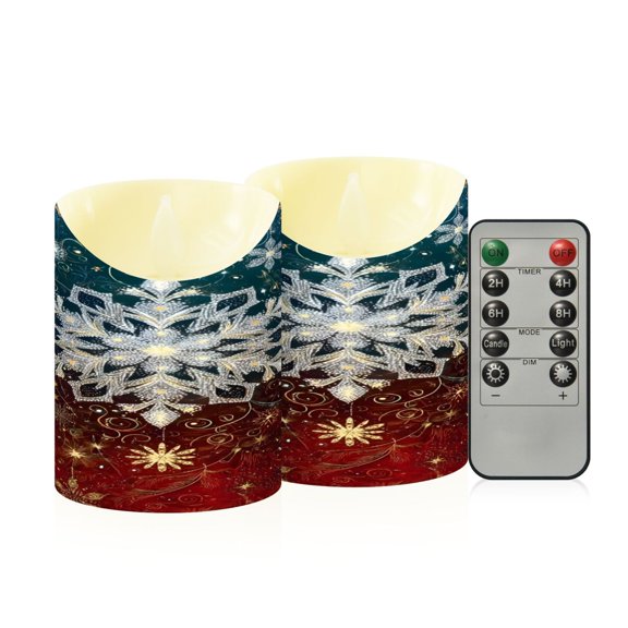 BZSMCE Stained Glass Snowflakes Red Blue Background Flameless LED Candles 2 Pack Remote Controlled Dimmable Flicker Lights with Timer for Home Decor