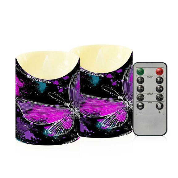 BZSMCE Stained Glass Splashing Background Butterfly Pattern Flameless LED Candles 2 Pack Remote Controlled Dimmable Flicker Lights with Timer for Home Decor