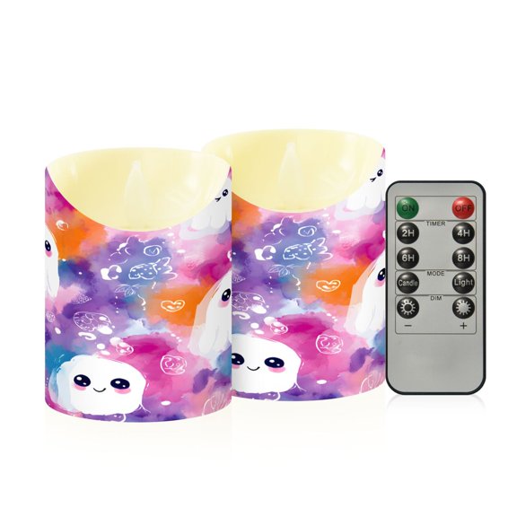 BZSMCE Stained Glass Watercolor Background Ghost Pattern Flameless LED Candles 2 Pack Remote Controlled Dimmable Flicker Lights with Timer for Home Decor