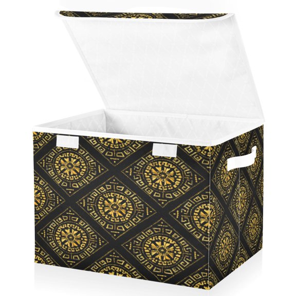 BZSMCE Storage Bin Cube Organizer Basket with Flip-Top Lid Ancient Gold Tiles Printed