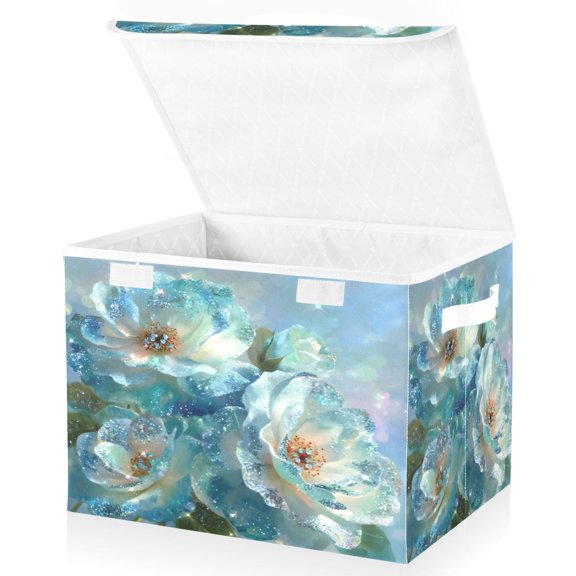 BZSMCE Storage Bin Cube Organizer Basket with Flip-Top Lid Aqua Crystal Blossoms Printed
