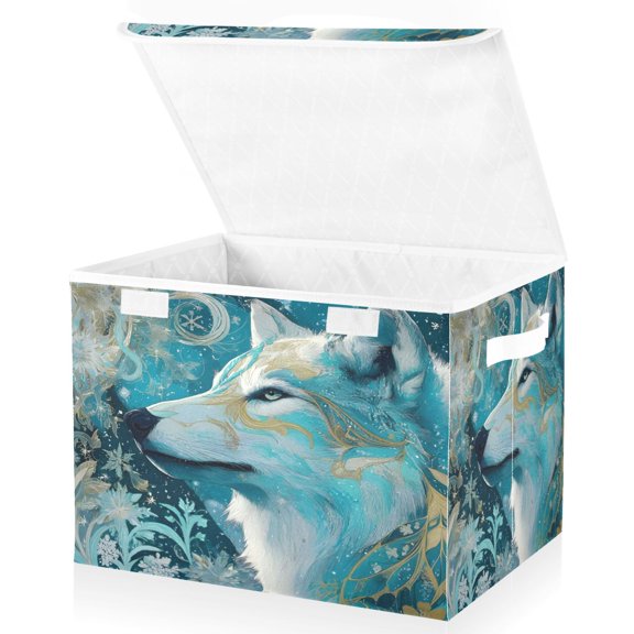 BZSMCE Storage Bin Cube Organizer Basket with Flip-Top Lid Aqua Wolfs Celestial Bloom Printed