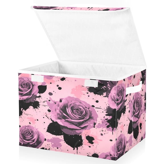 BZSMCE Storage Bin Cube Organizer Basket with Flip-Top Lid Blooming Roses Printed