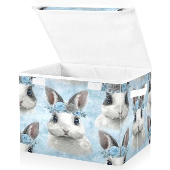 BZSMCE Storage Bin Cube Organizer Basket with Flip-Top Lid Blue Floral Crown Bunny Printed