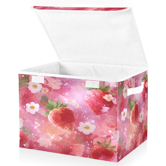 BZSMCE Storage Bin Cube Organizer Basket with Flip-Top Lid Blush Glowing Strawberries Printed