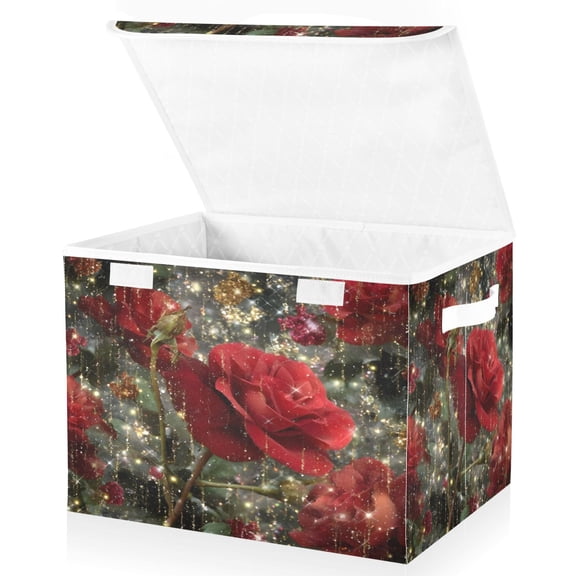 BZSMCE Storage Bin Cube Organizer Basket with Flip-Top Lid Blush Red Roses Printed