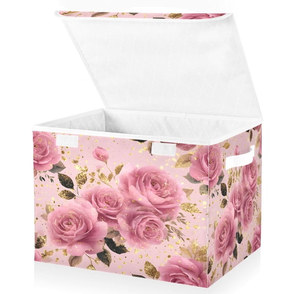 BZSMCE Storage Bin Cube Organizer Basket with Flip-Top Lid Blush Rose Printed
