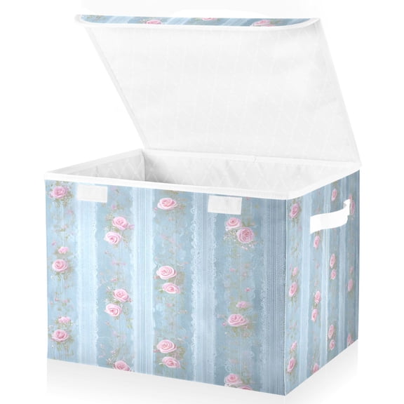BZSMCE Storage Bin Cube Organizer Basket with Flip-Top Lid Blush Rose Stripes Printed