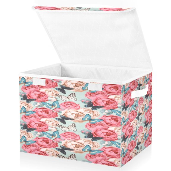 BZSMCE Storage Bin Cube Organizer Basket with Flip-Top Lid Blush Rose Tapestry Printed