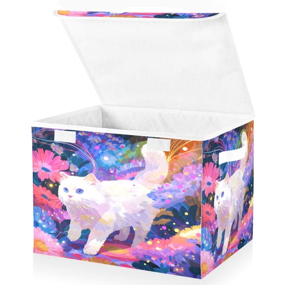 BZSMCE Storage Bin Cube Organizer Basket with Flip-Top Lid Cats Rainbow Floral Printed