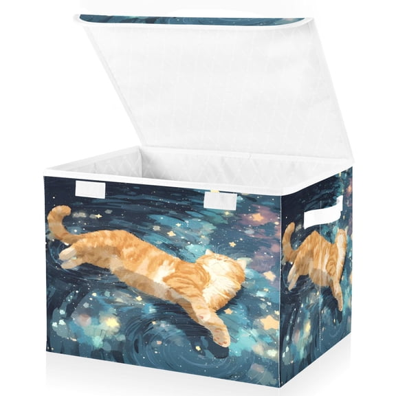 BZSMCE Storage Bin Cube Organizer Basket with Flip-Top Lid Cosmic Floating Cat Printed