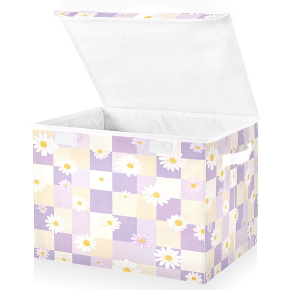 BZSMCE Storage Bin Cube Organizer Basket with Flip-Top Lid Daisies on Pastel Checker Printed