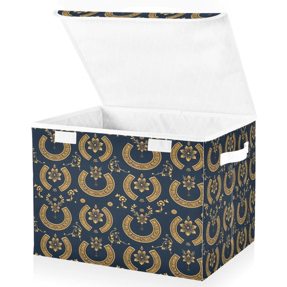 BZSMCE Storage Bin Cube Organizer Basket with Flip-Top Lid Gold Horseshoe Pattern Printed